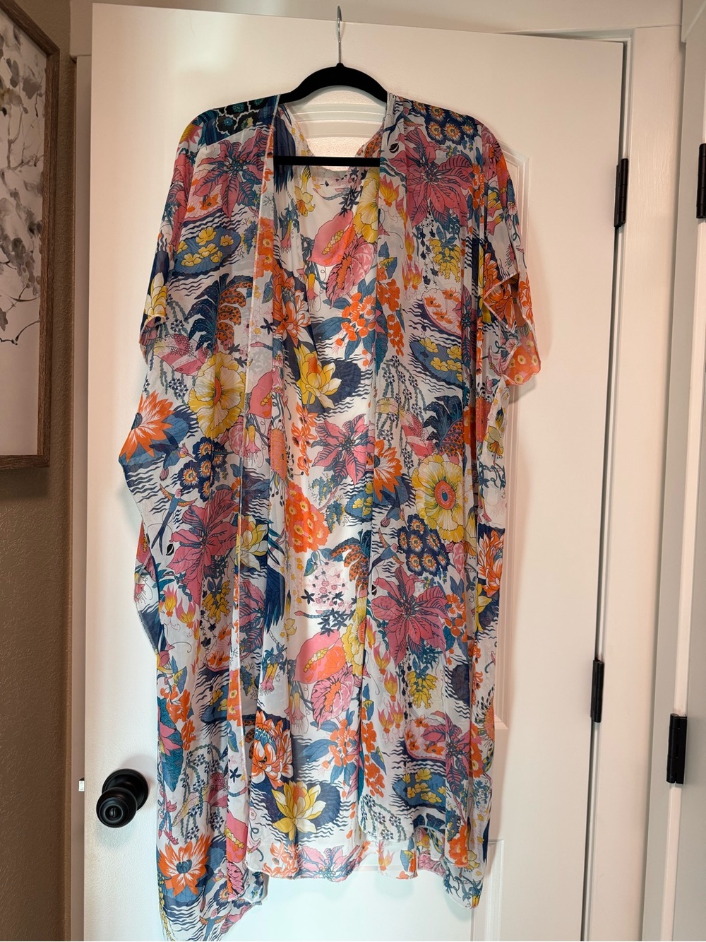 Floral Lightweight Kimono Cover-Up in Coral, Blue & Yellow
